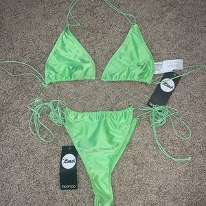 neon green boohoo bikini set. top size: 8